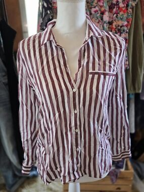 Zara Burgundy and White Vertical-Stripe Button-Down Shirt
